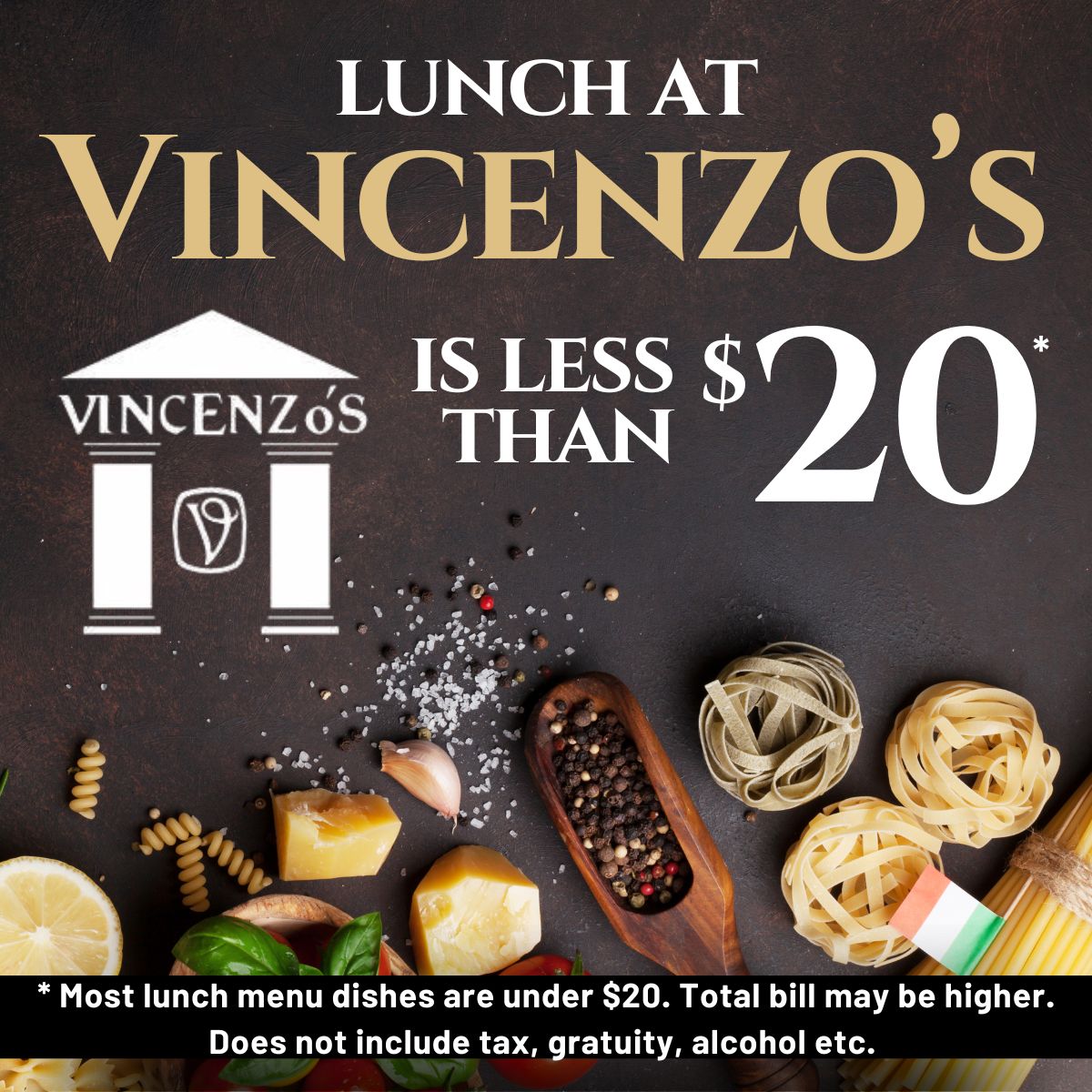 Best Lunch Spot Downtown Louisville Italian Table Vincenzo's with yellow font and dark background